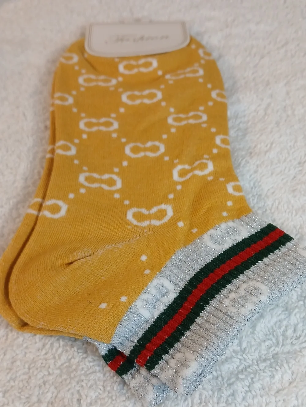 Yellow Patterned Women's Ankle Socks with Metallic Trim